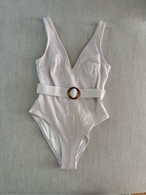 H&M Ribbed One-Piece Swimsuit with Belt - Cream